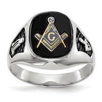 IB Goodman 14K White Gold Mens Polished and Textured Ring with Black Enamel and Onyx Masonic view 1