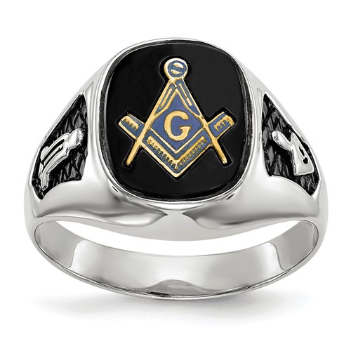 IB Goodman 14K White Gold Mens Polished and Textured Ring with Black Enamel and Onyx Masonic