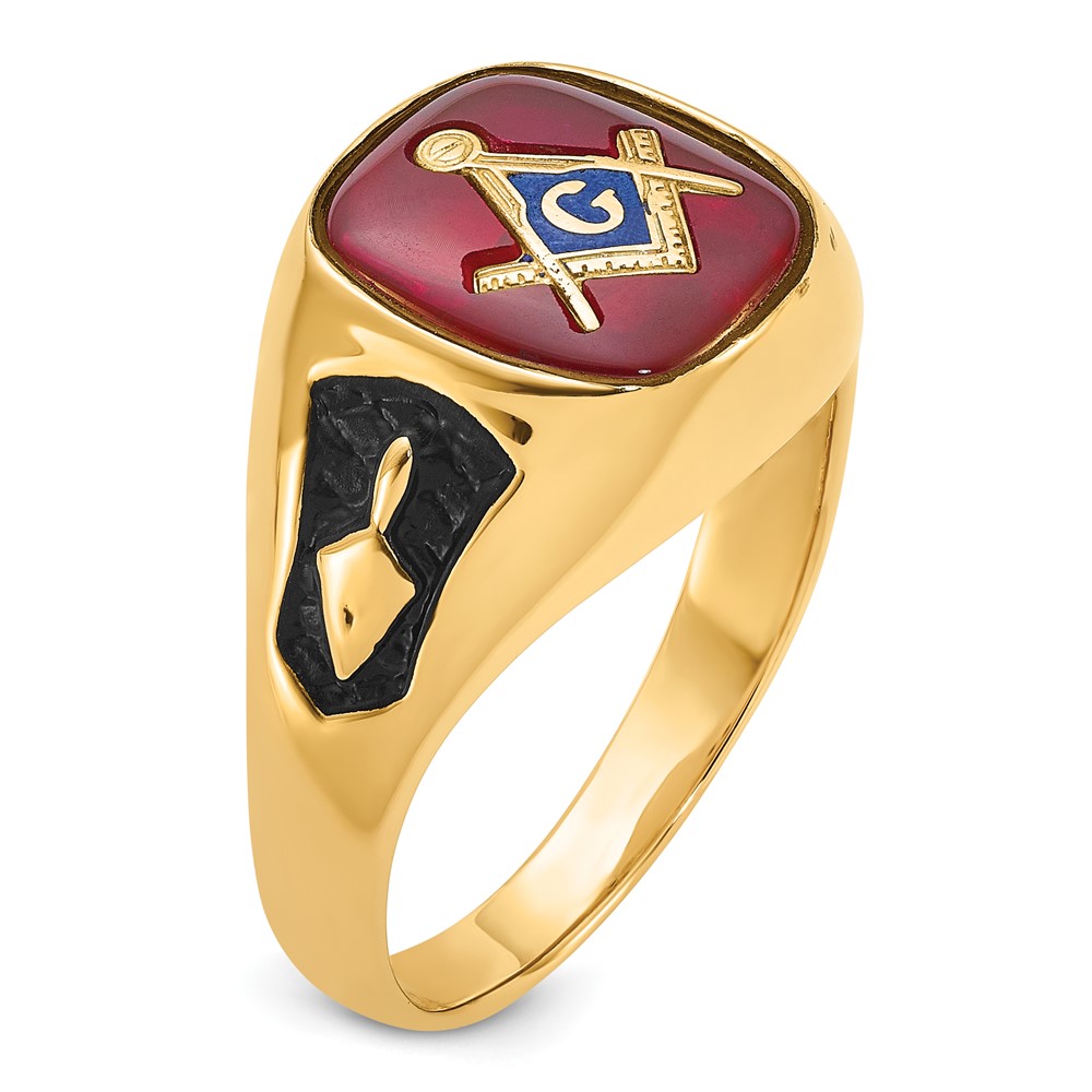 14k Men's Polished and Textured with Black Enamel and Lab Created Ruby Masonic Ring (Y1583M)