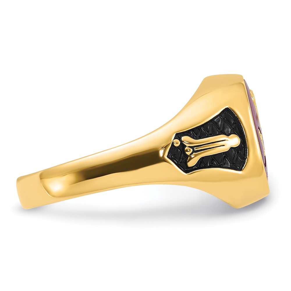 14k Men's Polished and Textured with Black Enamel and Lab Created Ruby Masonic Ring (Y1583M)