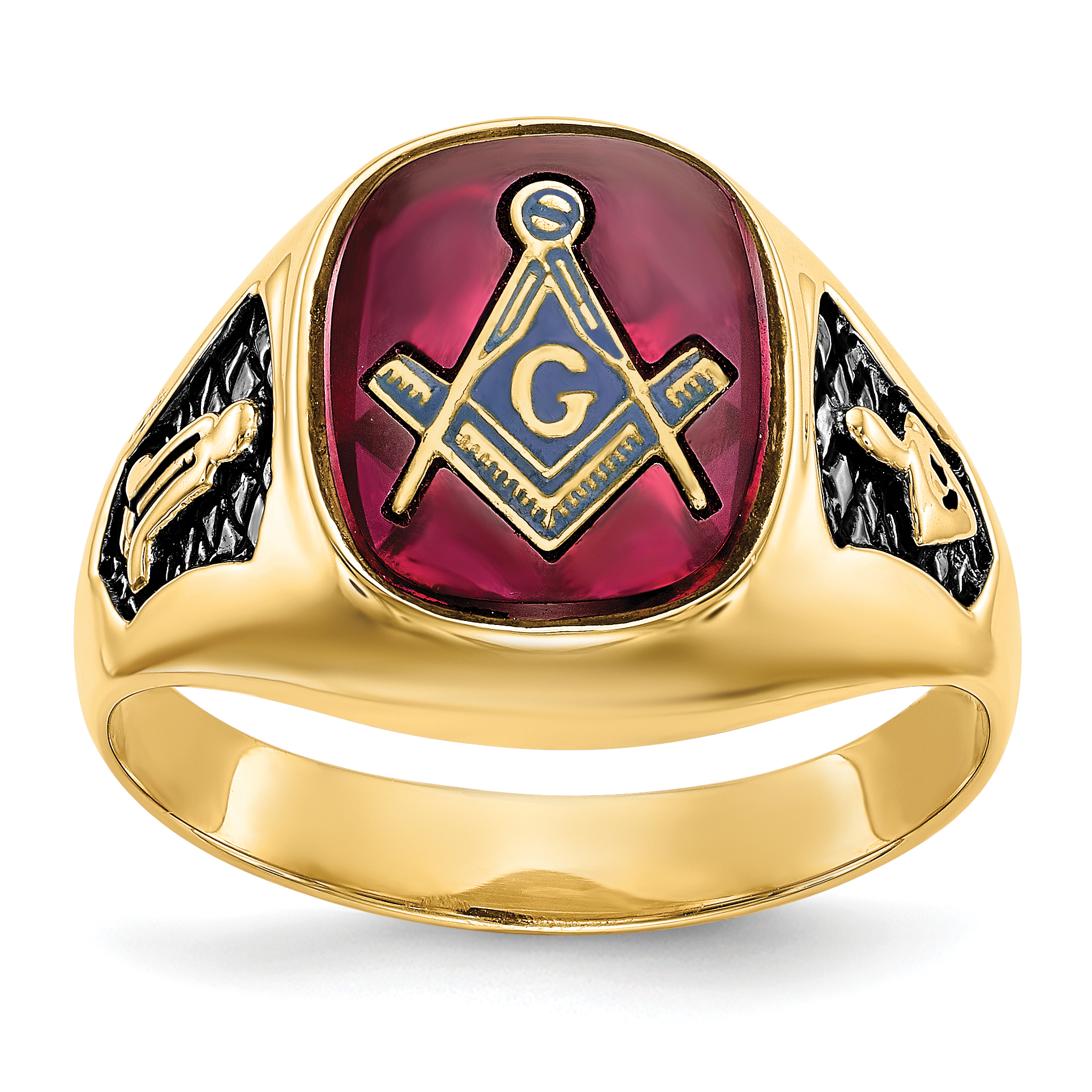 14k Men's Polished and Textured with Black Enamel and Lab Created Ruby Masonic Ring (Y1583M)