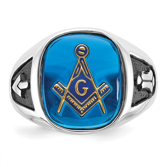 IB Goodman 14k White Gold Mens Polished and Textured with Black Enamel and Imitation Blue Spinel Masonic Ring