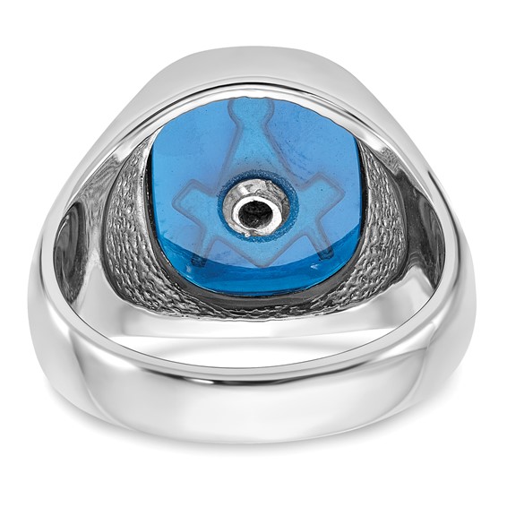 IB Goodman 14k White Gold Mens Polished and Textured with Black Enamel and Imitation Blue Spinel Masonic Ring