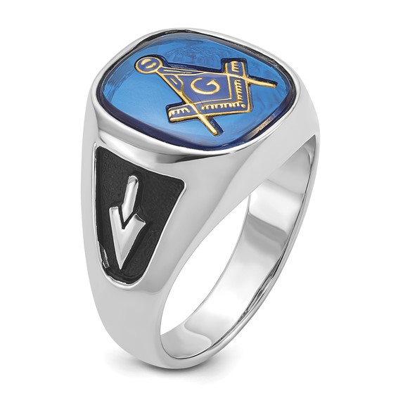 IB Goodman 14k White Gold Mens Polished and Textured with Black Enamel and Imitation Blue Spinel Masonic Ring