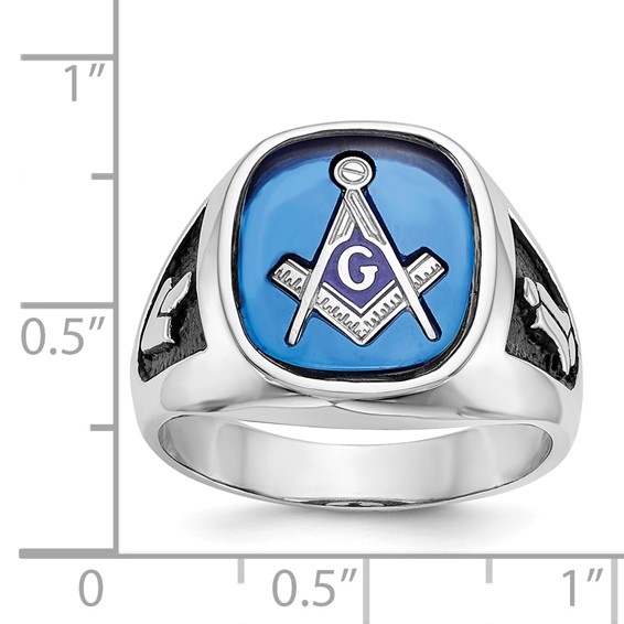 IB Goodman 14k White Gold Mens Polished and Textured with Black Enamel and Imitation Blue Spinel Masonic Ring