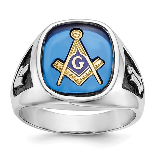 IB Goodman 14K White Gold Mens Polished and Textured Ring with Black Enamel and Imitation Blue Spinel Masonic