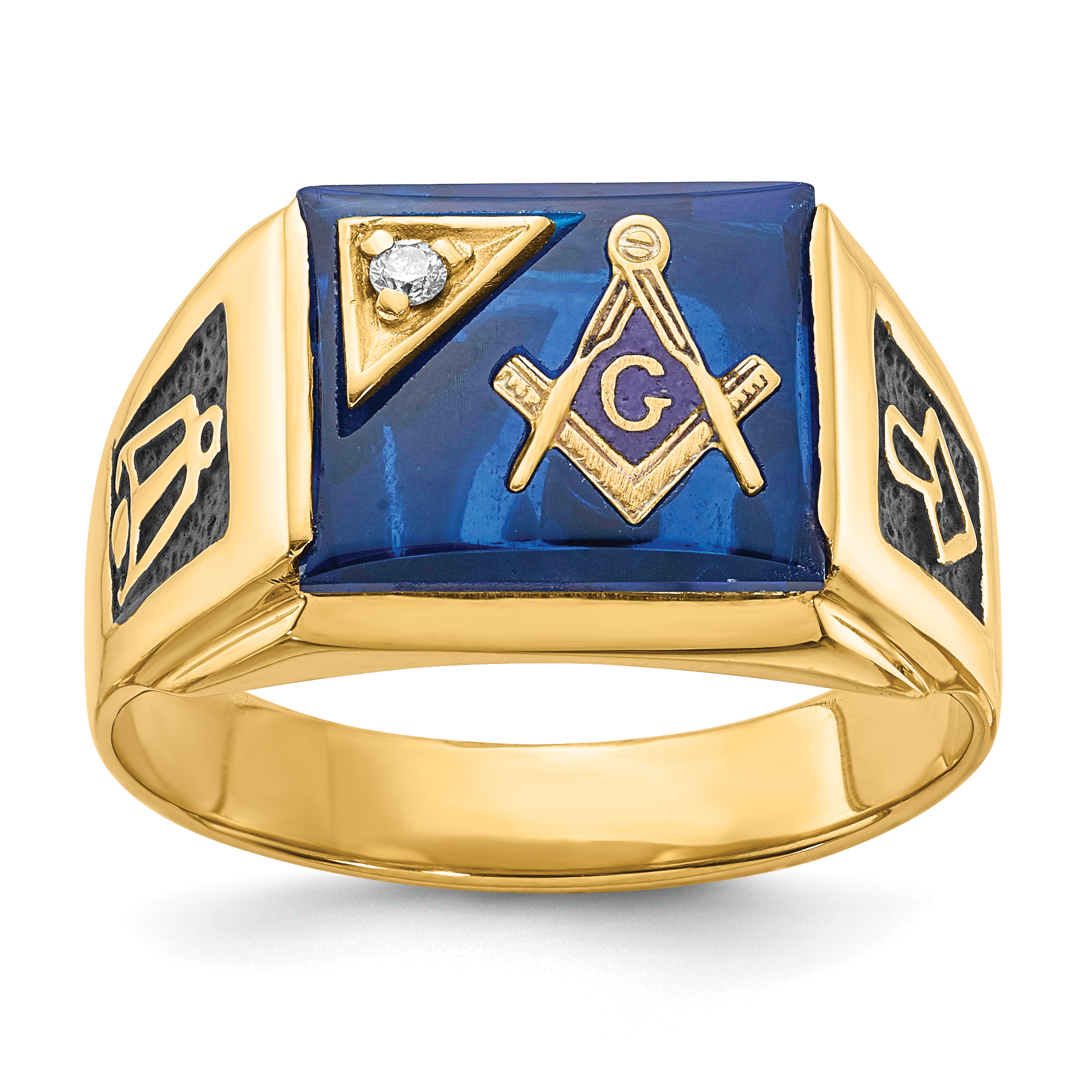 14k Men's Polished and Textured with Black Enamel, Imitation Blue Spinel and AA Quality Diamond Masonic Ring (Y1586AA)
