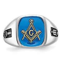 10K White Gold Men's Polished and Grooved Ring with Black Enamel and Imitation Blue Spinel Masonic view 4