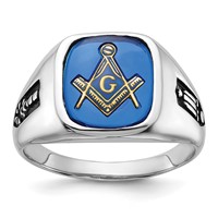 10K White Gold Men's Polished and Grooved Ring with Black Enamel and Imitation Blue Spinel Masonic view 1