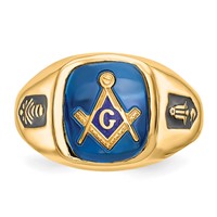 14K Yellow Gold Men's Polished and Grooved Ring with Black Enamel and Imitation Blue Spinel Masonic view 4