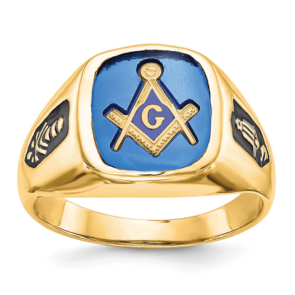 14K Yellow Gold Men's Polished and Grooved Ring with Black Enamel and Imitation Blue Spinel Masonic