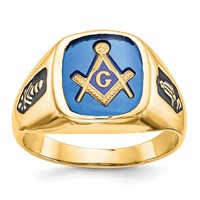 14K Yellow Gold Men's Polished and Grooved Ring with Black Enamel and Imitation Blue Spinel Masonic view 1
