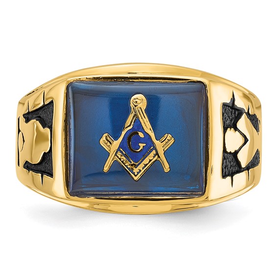 IB Goodman 14k Mens Polished and Textured with Black Enamel and Imitation Blue Spinel Masonic Ring