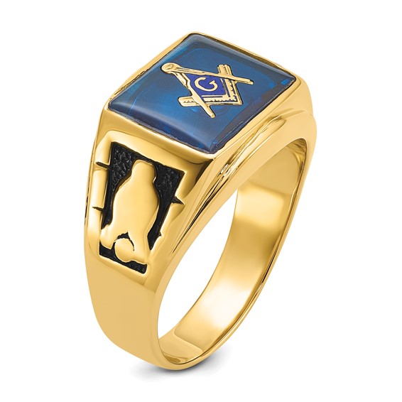 IB Goodman 14k Mens Polished and Textured with Black Enamel and Imitation Blue Spinel Masonic Ring