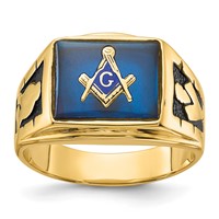 IB Goodman 14K Yellow Gold Mens Polished and Textured Ring with Black Enamel and Imitation Blue Spinel Masonic view 1