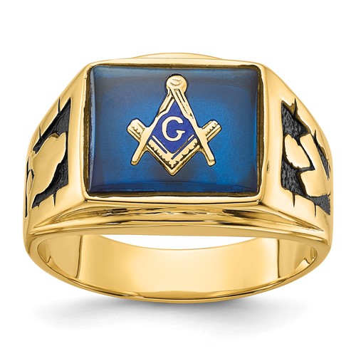 IB Goodman 14K Yellow Gold Mens Polished and Textured Ring with Black Enamel and Imitation Blue Spinel Masonic