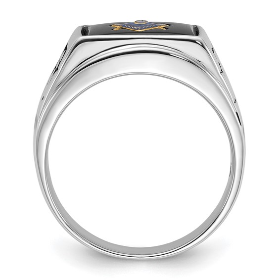 IB Goodman 14k White Gold Mens Polished and Textured with Black Enamel and Onyx Masonic Ring
