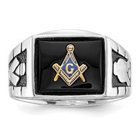 IB Goodman 14K White Gold Mens Polished and Textured Ring with Black Enamel and Onyx Masonic view 3