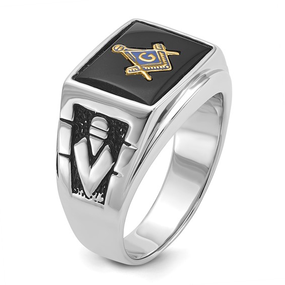 IB Goodman 14k White Gold Mens Polished and Textured with Black Enamel and Onyx Masonic Ring