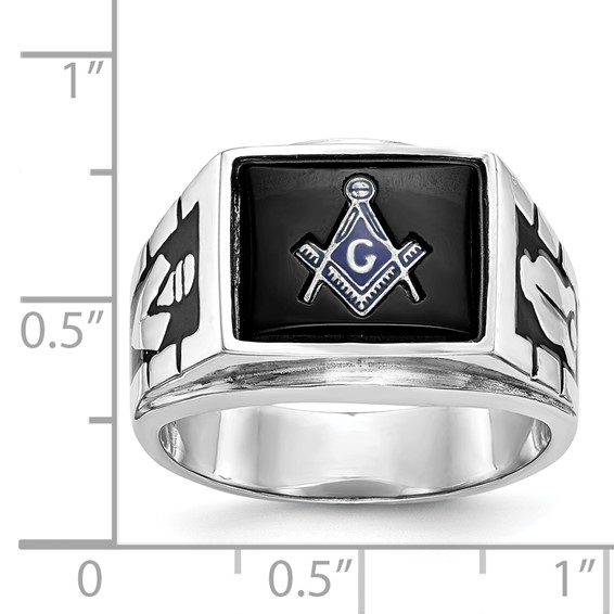 IB Goodman 14k White Gold Mens Polished and Textured with Black Enamel and Onyx Masonic Ring