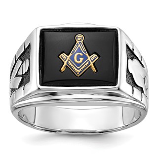 IB Goodman 14k White Gold Mens Polished and Textured with Black Enamel and Onyx Masonic Ring