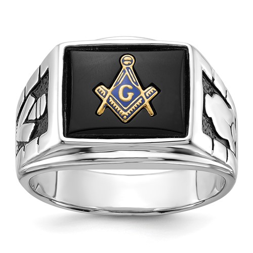 IB Goodman 14K White Gold Mens Polished and Textured Ring with Black Enamel and Onyx Masonic