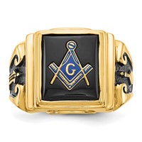 14K White Gold Men's Polished and Textured Ring with Black Enamel and Onyx Masonic view 4