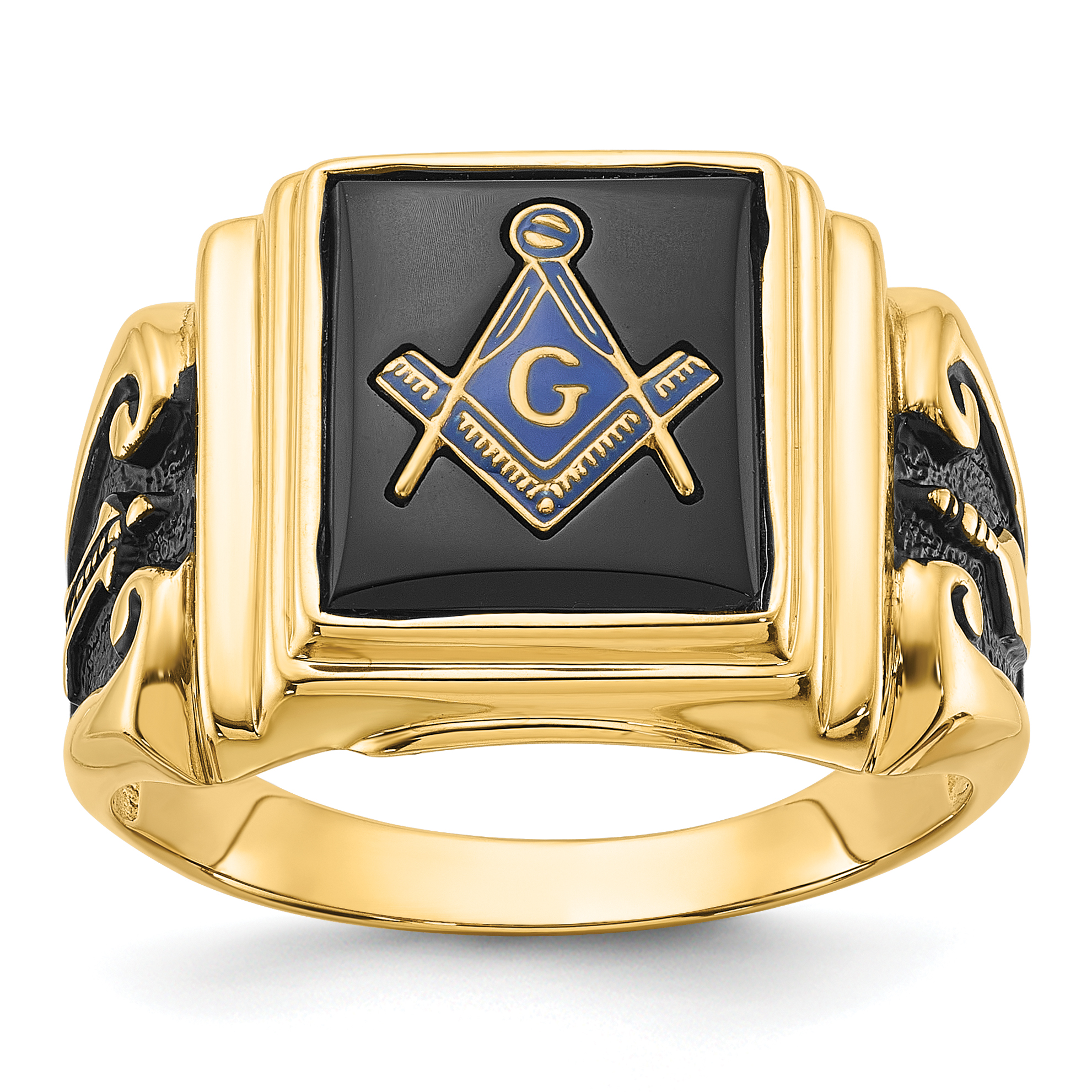 14k Men's Polished and Textured with Black Enamel and Onyx Masonic Ring (Y1593M)
