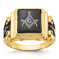 14K White Gold Men's Polished and Textured Ring with Black Enamel and Onyx Masonic view 1