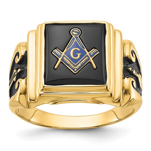 IB Goodman 14K Yellow Gold Mens Polished and Textured Ring with Black Enamel and Onyx Masonic
