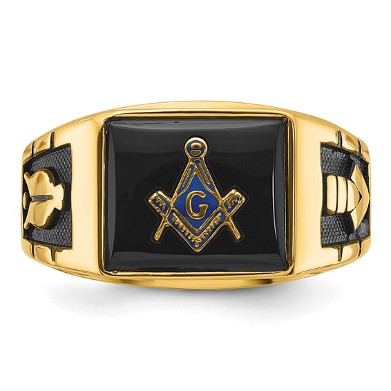 IB Goodman 14k Mens Polished and Textured with Black Enamel and Onyx Masonic Ring
