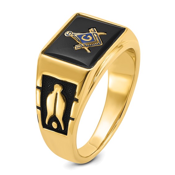 IB Goodman 14k Mens Polished and Textured with Black Enamel and Onyx Masonic Ring