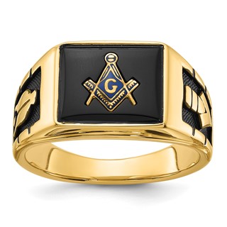 IB Goodman 14k Mens Polished and Textured with Black Enamel and Onyx Masonic Ring