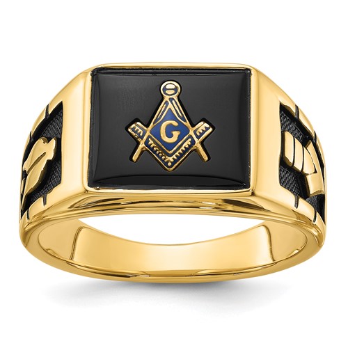 IB Goodman 14K Yellow Gold Mens Polished and Textured Ring with Black Enamel and Onyx Masonic