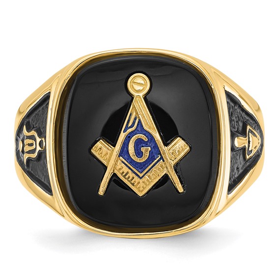 IB Goodman 14k Mens Polished and Textured with Black Enamel and Onyx Masonic Ring