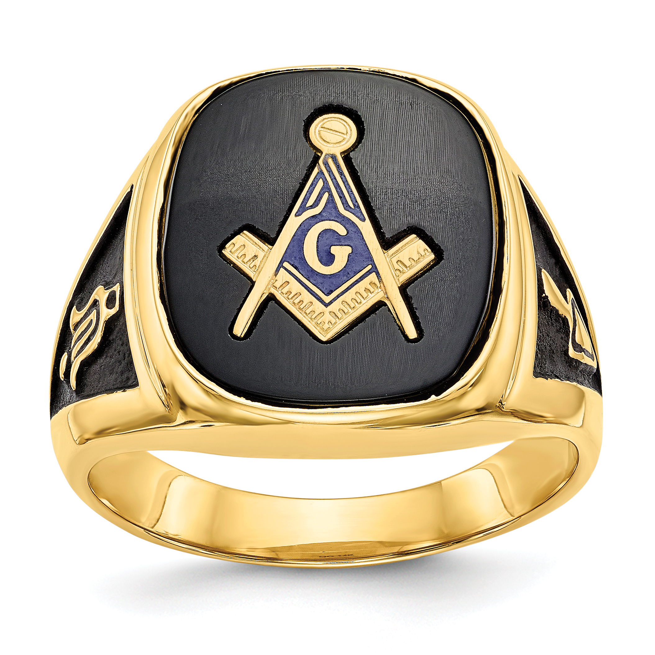 14k Men's Polished and Textured with Black Enamel and Onyx Masonic Ring (Y1596M)