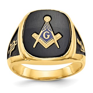 IB Goodman 14k Mens Polished and Textured with Black Enamel and Onyx Masonic Ring