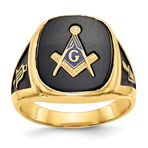 IB Goodman 14K Yellow Gold Mens Polished and Textured Ring with Black Enamel and Onyx Masonic