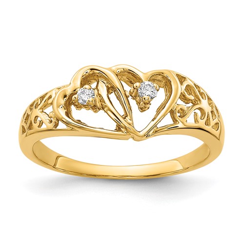 14K Yellow Gold Polished 1/20 Carat a Diamond Two Hearts Ring