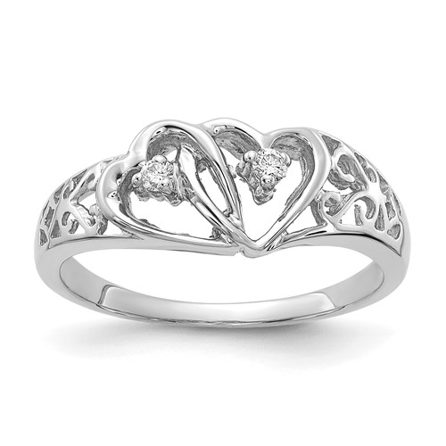 14K White Gold Polished 0.05 Carat AA Diamond Two Hearts Ring