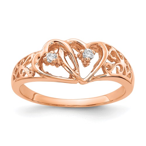 14K Rose Gold Polished 1/20 Carat a Diamond Two Hearts Ring