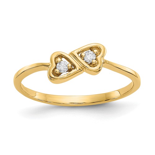 14K Yellow Gold Polished 1/20 Carat Aaa Diamond Two Hearts Ring