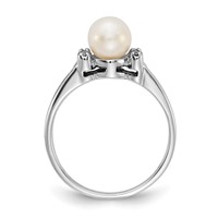 14K White Gold 6mm White Freshwater Cultured Pearl and AA Diamond Ring view 2
