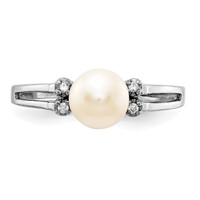 14K White Gold 6mm White Freshwater Cultured Pearl and AA Diamond Ring view 4