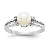14K White Gold 6mm White Freshwater Cultured Pearl and AA Diamond Ring view 1