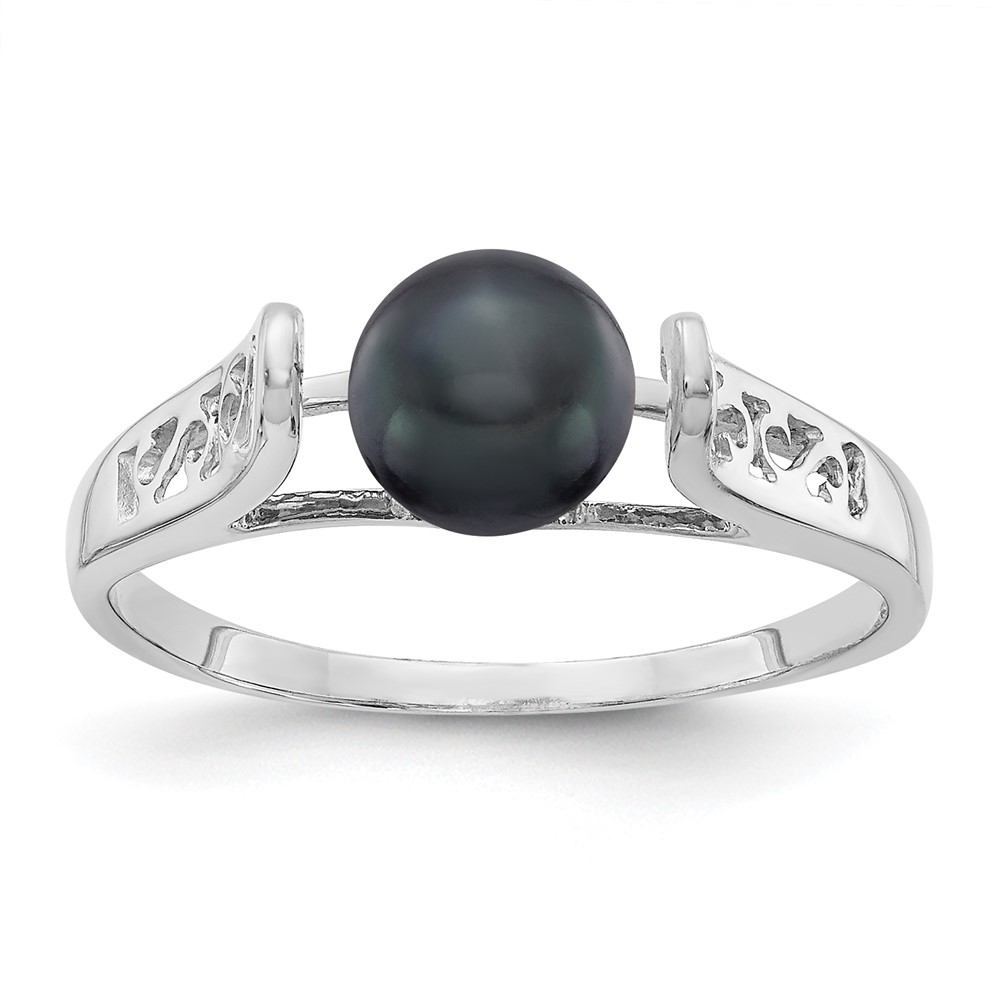 14K White Gold 6mm Black Freshwater Cultured Pearl Filigree Ring