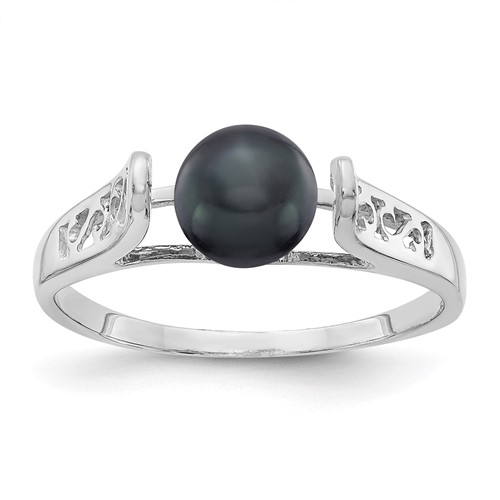 14K White Gold 6mm Black Freshwater Cultured Pearl Filigree Ring