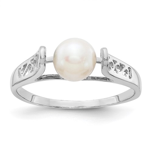 14K White Gold 6mm White Freshwater Cultured Pearl Filigree Ring