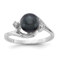 14K White Gold 7mm Black Freshwater Cultured Pearl and VS Diamond Ring view 1