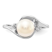 14K White Gold 7mm White Freshwater Cultured Pearl and a Diamond Ring view 4